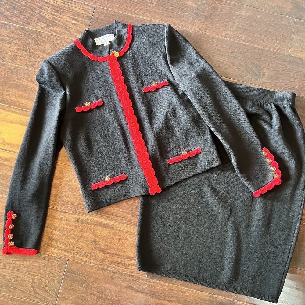 St John Marie Gray black & red trim Santana knit skirt suit Jacket P Skirt 6 EUC